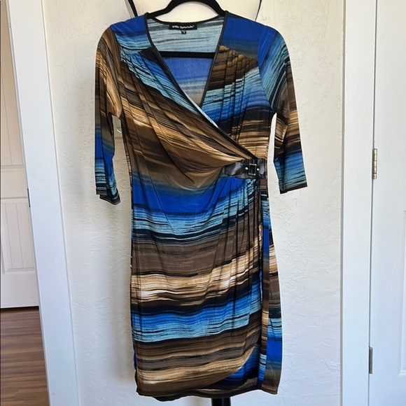 Mlle Gabrielle Blue and Brown Sheath Dress with Ruched Wrap Design - Picture 1 of 6